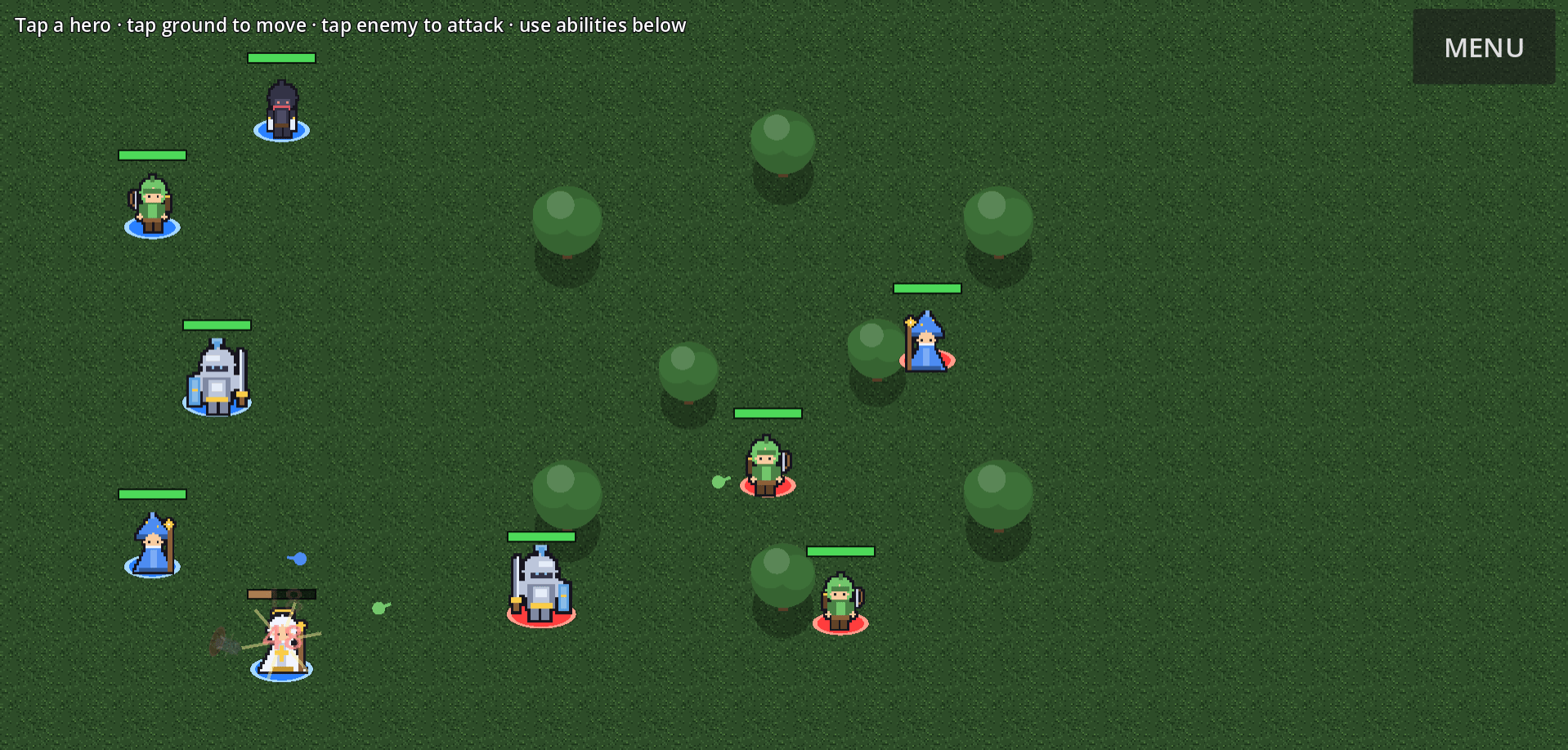 Real-time battle with pixel heroes and ability UI