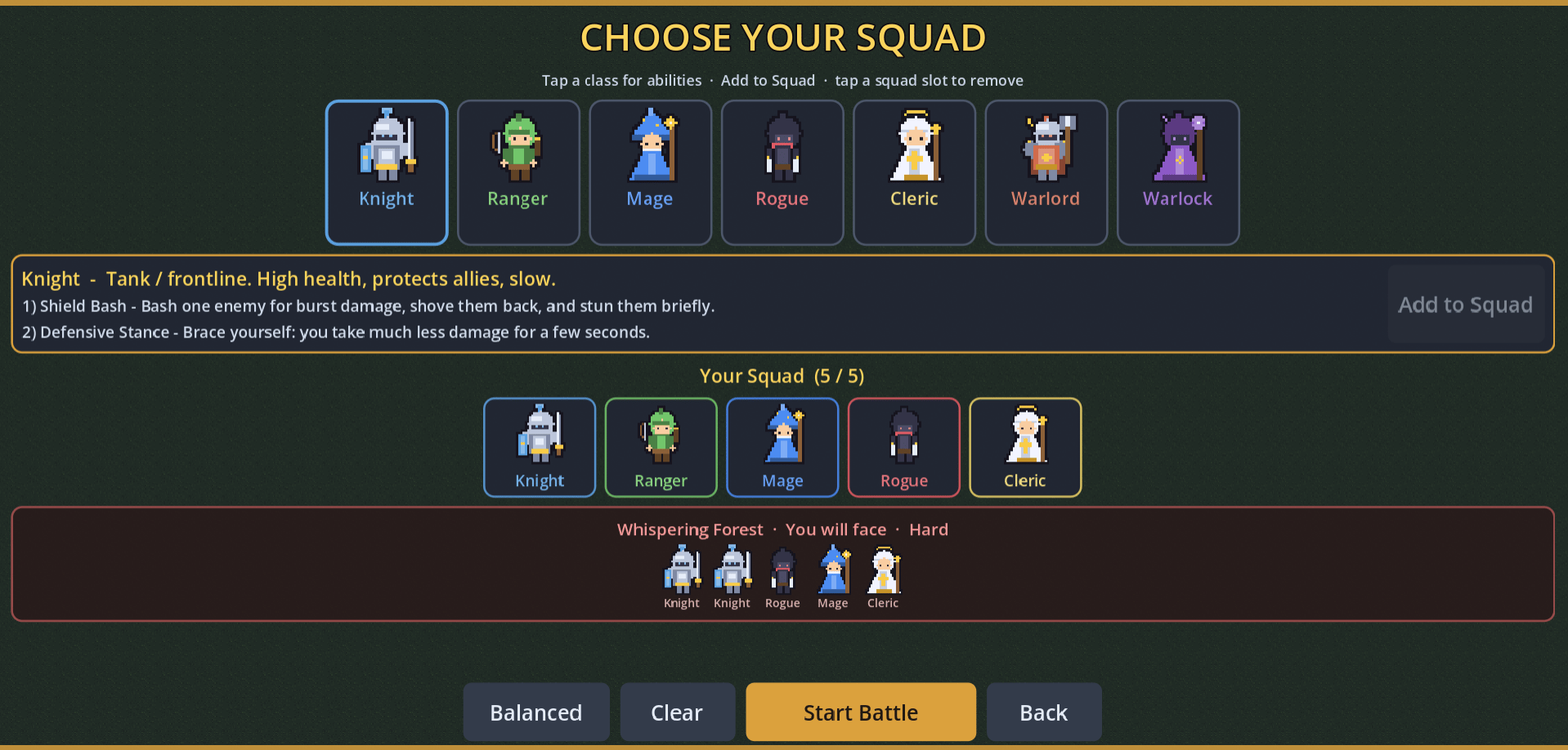 Squad builder with class ability descriptions