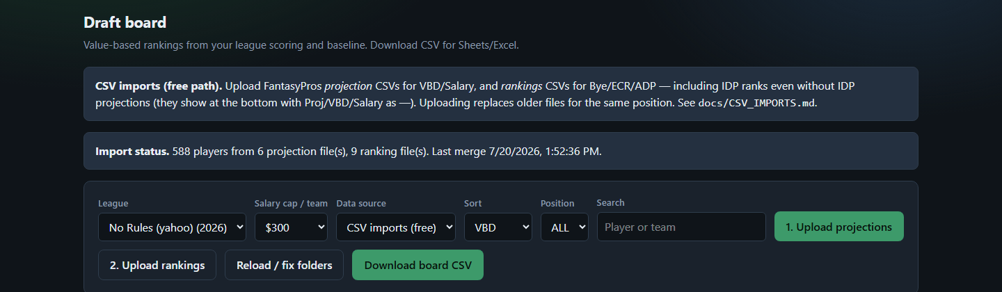 Draft board showing CSV import path for projections
