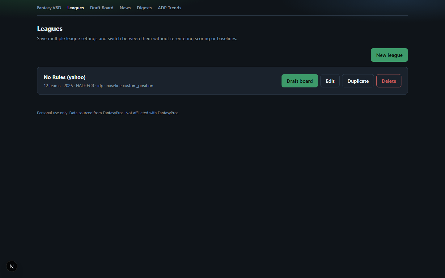Leagues list with saved scoring and roster settings