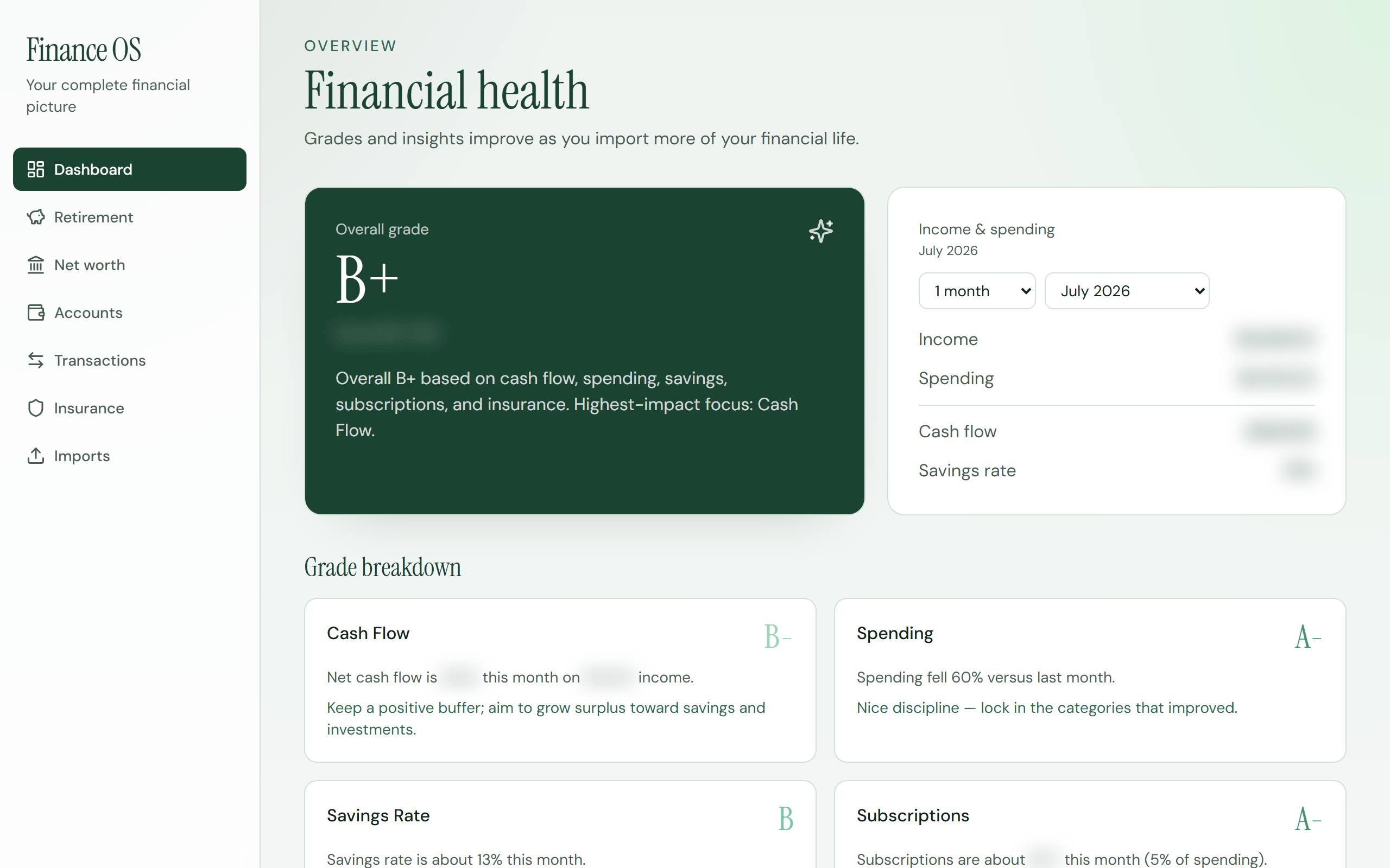 Finance OS dashboard with overall grade and cash summary