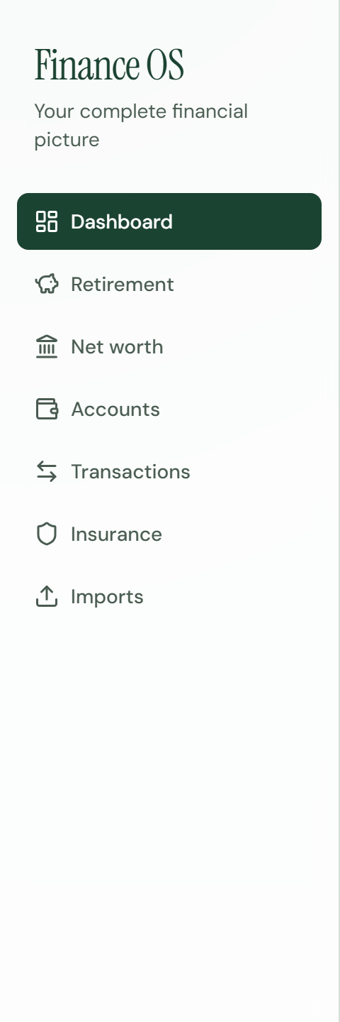 Finance OS navigation from Dashboard to Imports